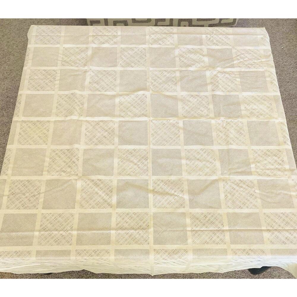 PVC Plastic ROUND Vintage Tablecloth Ecru White Cream Ivory Textured Abstract Bl